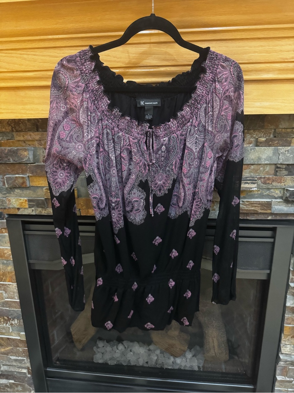 INC International Concepts Black Tunic with Purple Paisley Print
